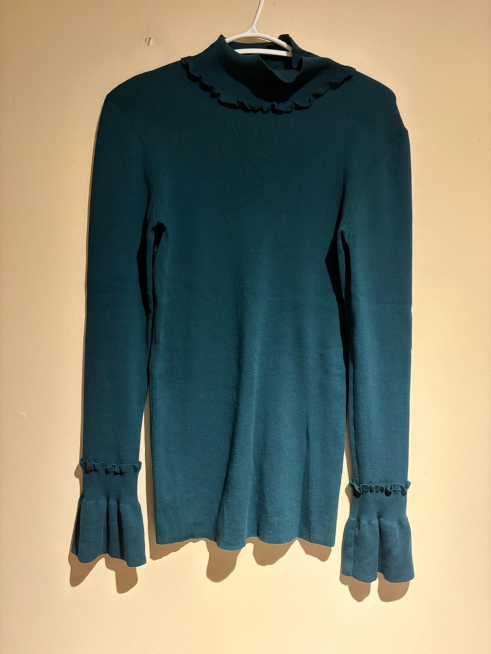 Lewit Ruffle Detail Pullover Long Sleeve 
 Teal Green Size 1 Merino Wool Blend